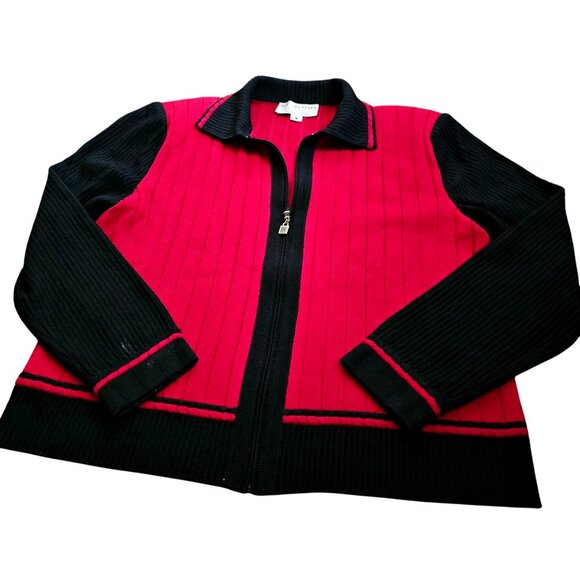 St. John Marie Gray Women's Red & Black Ribbed Zip-Up Cardigan Sweater Size L - Picture 1 of 10
